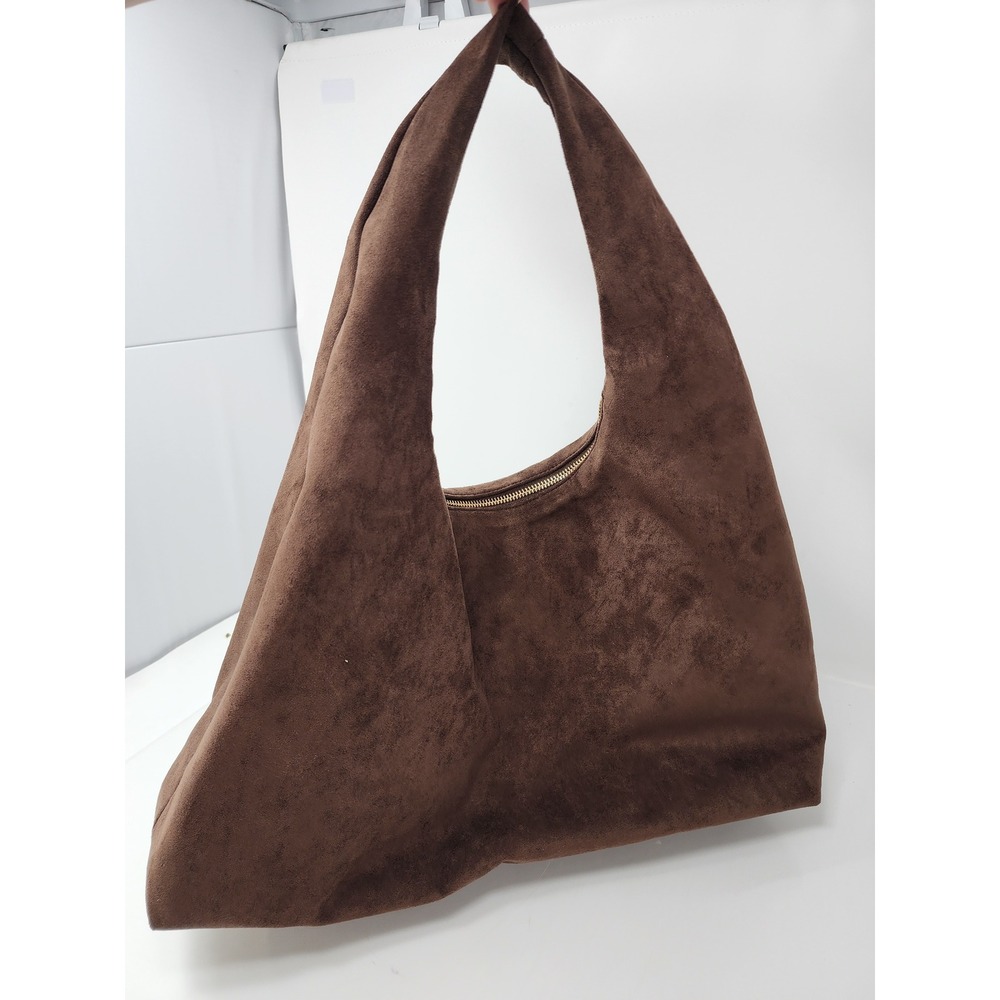 A New Day Brown Faux Suede Slouchy Hobo Handbag Gold Zipper Shoulder Bag NWT - Picture 5 of 9